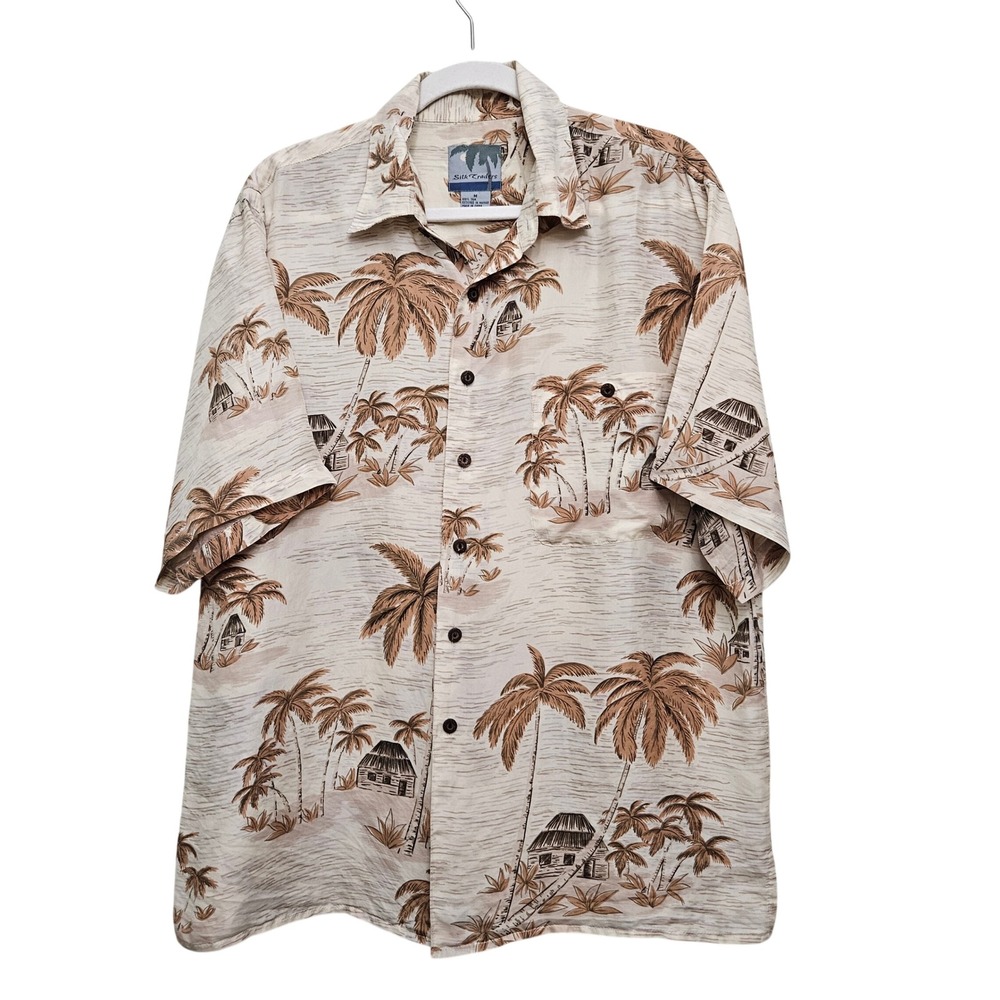 Silk Traders Hawaiian Shirt Mens Medium Tan‎ Brown 100% Silk Tropical Palm Tree